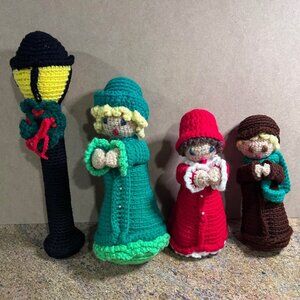 Vintage 3 Crocheted Christmas Carolers Plus Lamp Post